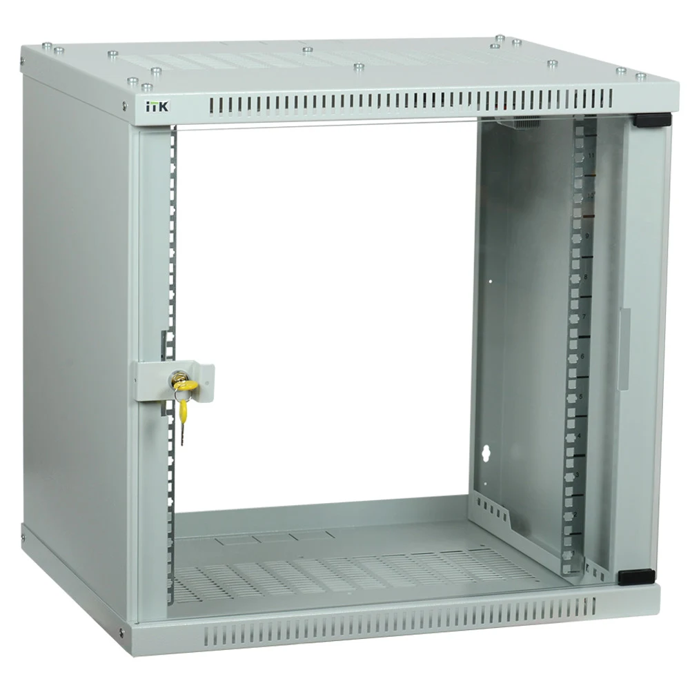 Шкаф коммутационный ITK Linea WE (LWE3-09U66-GF) настенный 9U 600x600мм пер.дв.стекл направл.под закл.гайки 50кг серый 550мм 16.8кг 200град. 450мм IP20 IK08 сталь