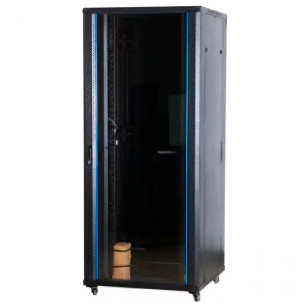 [W42U100R] Рэковая стойка Wize Pro [W42U100R] 19, 42U, 600х1000 мм, стеклянная передняя дверь, задняя дверь - металл, вент. панель 2 вентилятора, колеса, рэковые гайки: 20 шт, макс. вес нагрузки 800