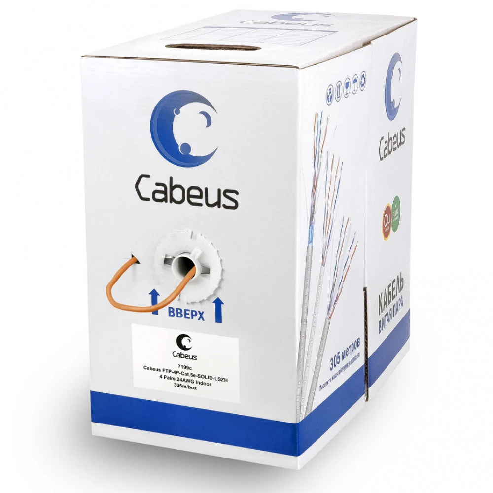 Кабель витая пара экранированная FTP (F/UTP), категория 5e Cabeus FTP-4P-Cat.5e-SOLID-LSZH Кабель витая пара экранированная FTP (F/UTP), категория 5e, 4 пары (24 AWG), экран - фольга, LSZH, нг(А)-HF