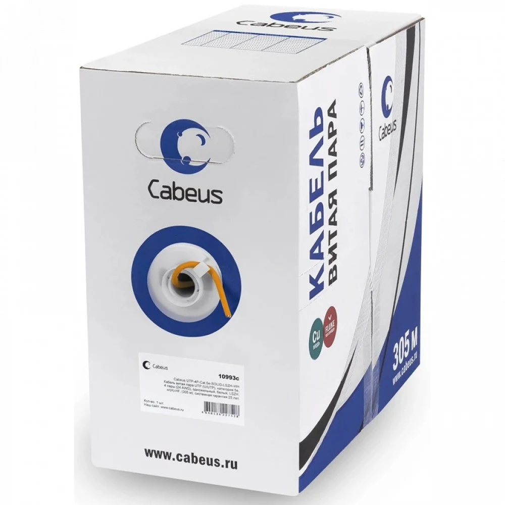 кабель Cabeus UTP-4P-Cat.6-SOLID-LSZH-GY Кабель витая пара UTP (U/UTP), категория 6, 4 пары (23 AWG), одножильный, LSZH нг(А)-HF, серый (305 м)