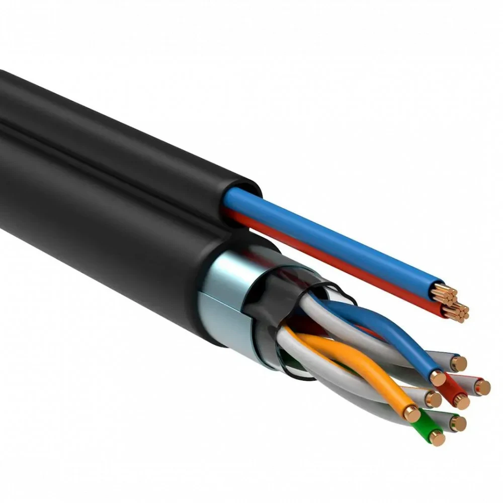 Кабель связи витая пара F/UTP, кат. 5Е, 4 пары 24 AWG, solid, LDPE + кабель питания 2x0,75мм2, 305м, черный