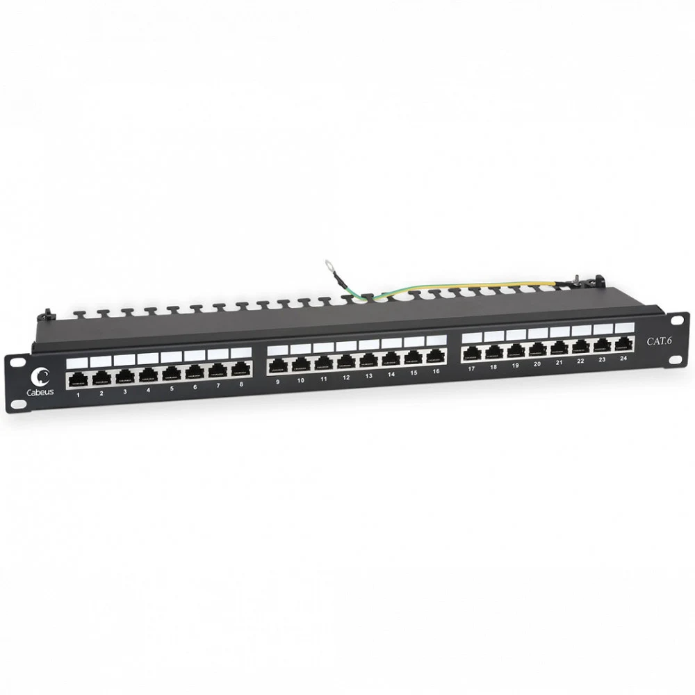 Патч-панель 19" (1U), 24 порта RJ-45, категория 6, экранированная Cabeus PL-24-Cat.6-SH-Dual IDC Патч-панель 19" (1U), 24 порта RJ-45, категория 6, полностью экранированная, с задним кабельным орган