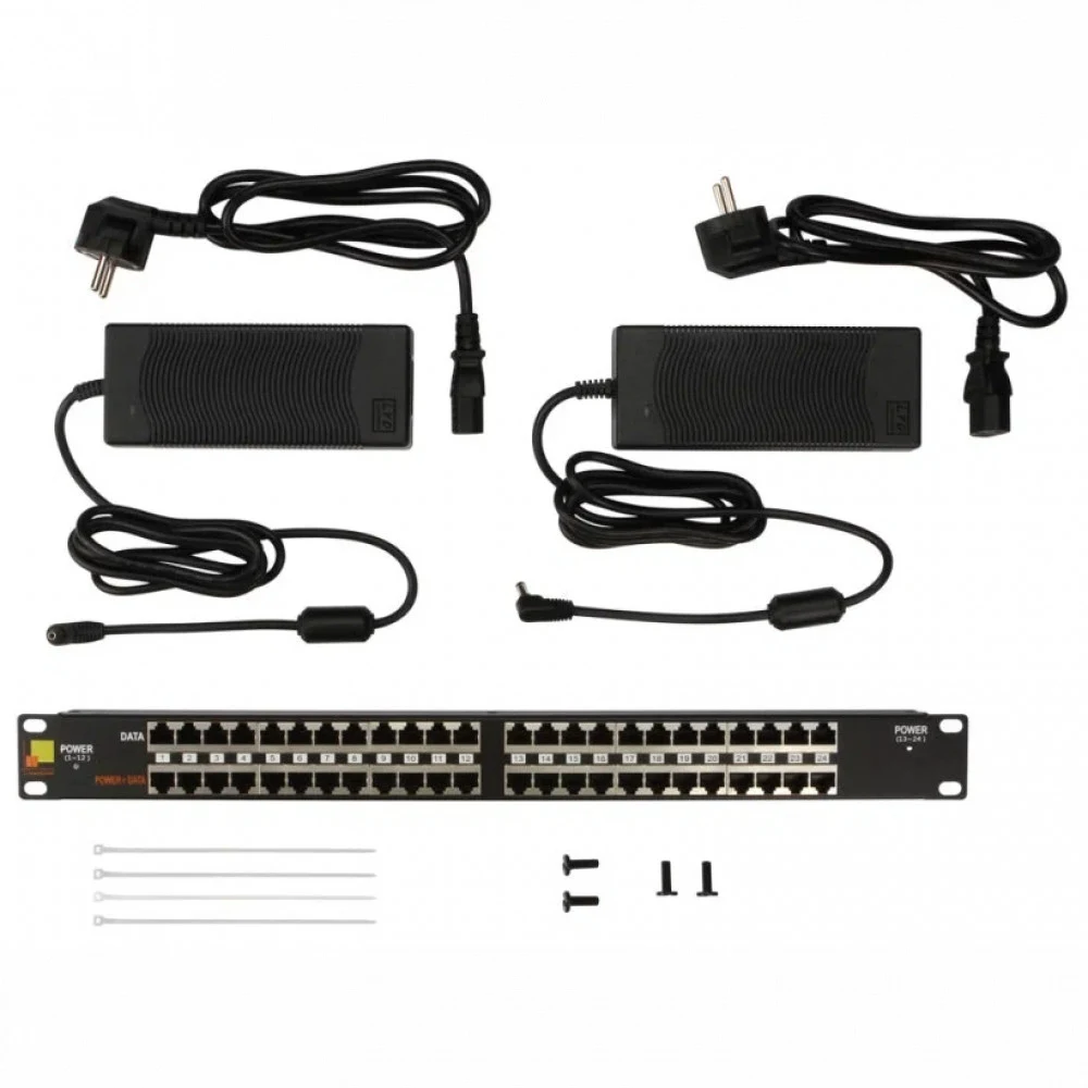 Панель POE 19", 24 порта, с двумя блоками питания 48V, 120W