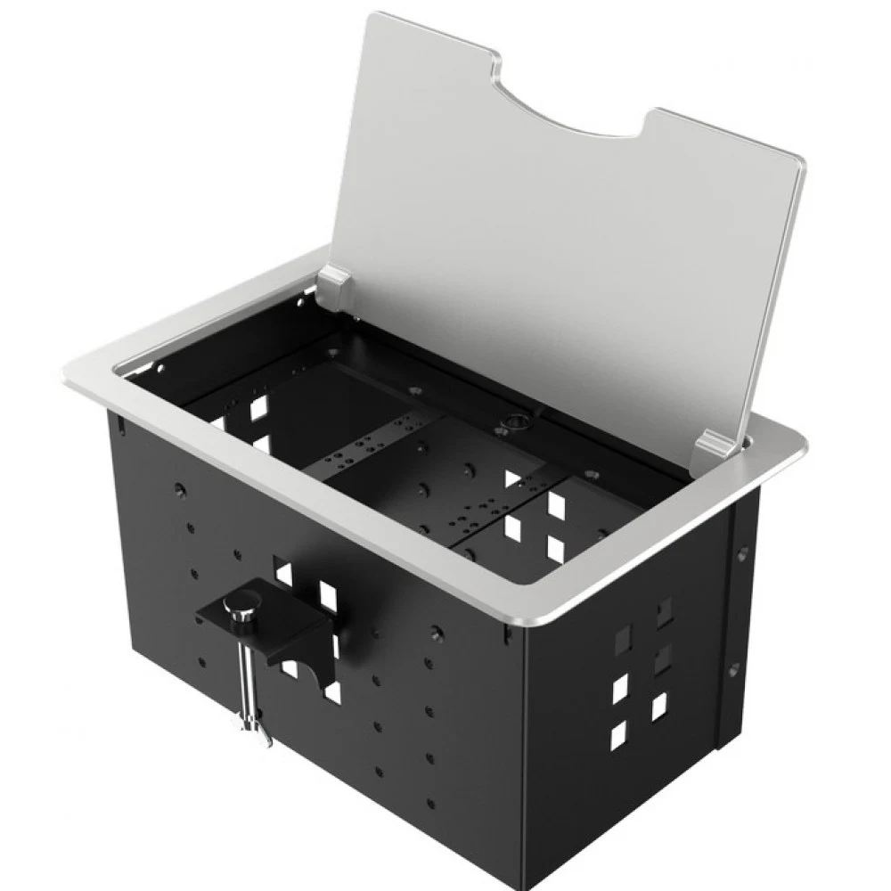 [WRTS-12BOX-S] Прямоугольный металлический корпус Wize Pro [WRTS-12BOX-S] для модульной системы врезного лючка в стол с откидывающейся крышкой, до12 модулей-вставок, преустановленная рамка,серебр.