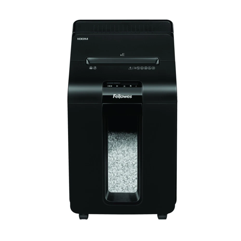 Шредер, Fellowes, AutoMax 100M (FS-46292), Уровень секретности P-4, Фрагмент 4х10 мм., Подача: 10 лист., Автоподача 100 лист., Ёмкость корзины 23 л., Микрорезка, Автореверс, Уничтожение скобов, скре