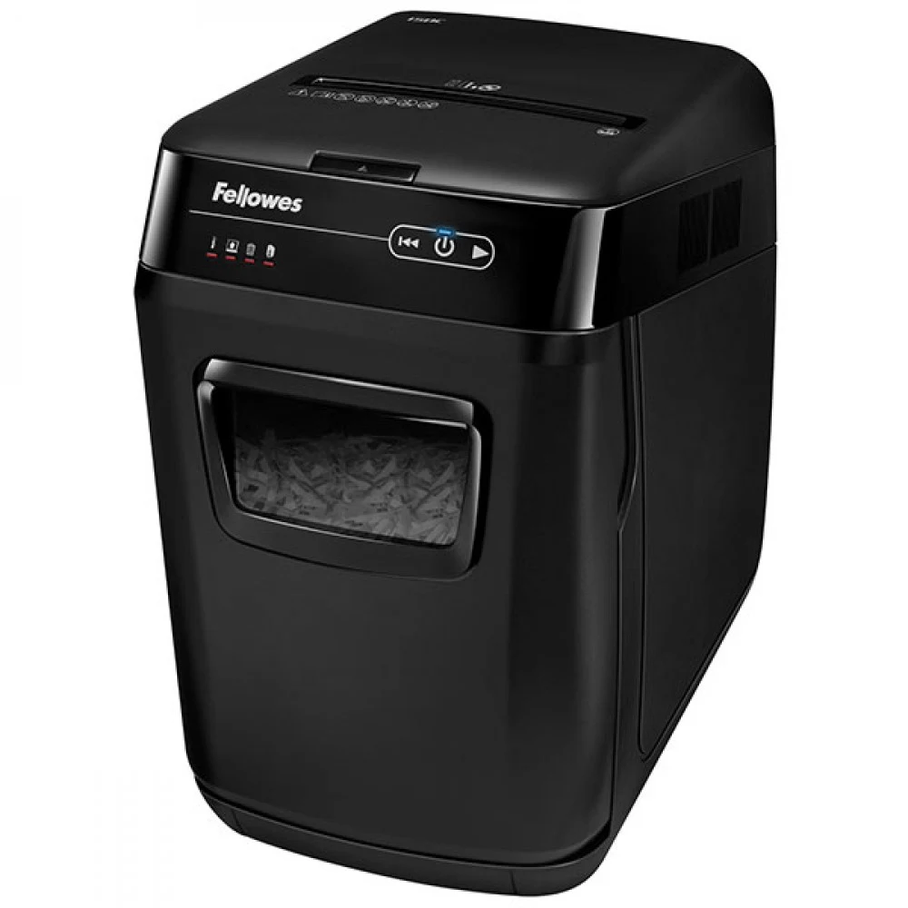 Fellowes Шредер AutoMax 150C FS-46801(01/02)* {(секр.P-4)/фрагменты 4x38 мм,/150лист./32лтр./Уничт:скрепки, скобы, пл.карты,CD диски}