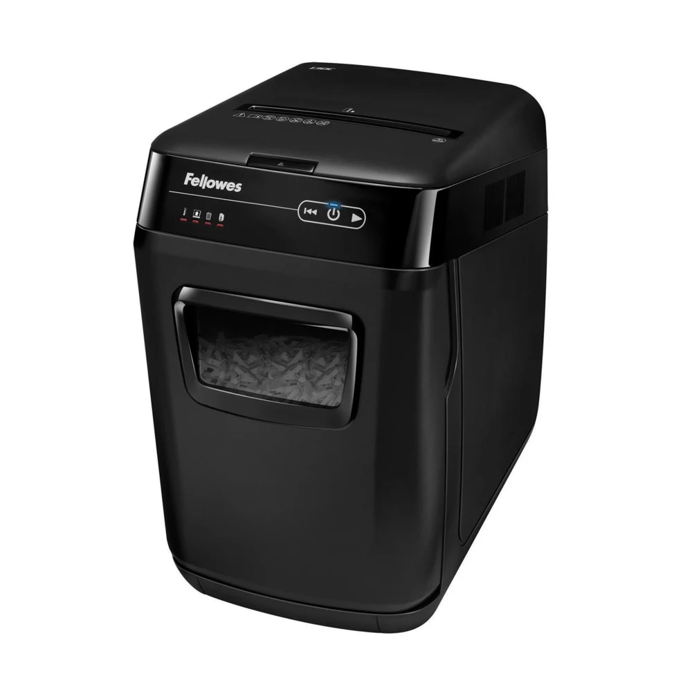 Fellowes Шредер AutoMax 150C FS-46801(01/02)* {(секр.P-4)/фрагменты 4x38 мм,/150лист./32лтр./Уничт:скрепки, скобы, пл.карты,CD диски}