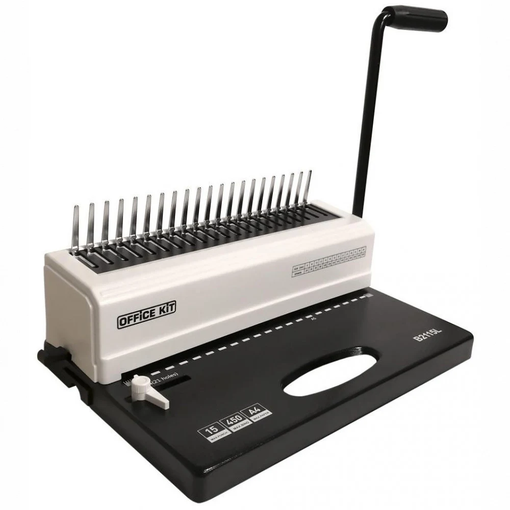 Переплетный аппарат на пластиковую пружину Office Kit B2115L (A4, A5, механический, шаг 9:16, перфорация 15 листов, отверстий 21, регулировка глубины, макс диаметр пружины 51 мм, 1 ручка)