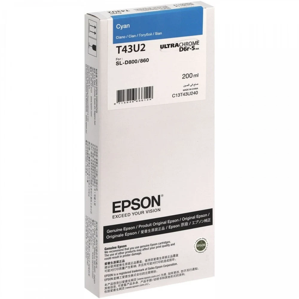 Струйный картридж Epson T43U голубой, 200 мл, для Epson SureColor lab SL-D800