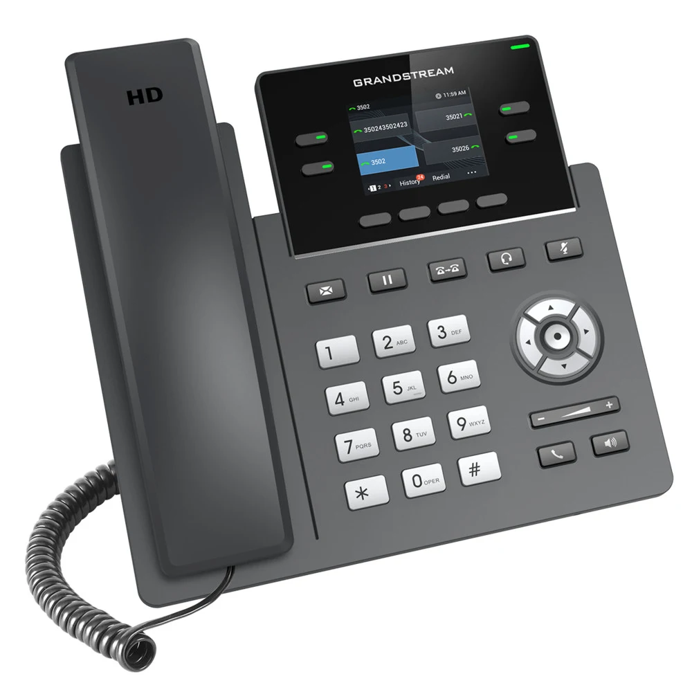 Grandstream GRP2612W, двухдиапазонный модуль Wi-Fi 802.11 a/b/g/n/ac (2,4ГГц и 5 ГГц), 4 кнопки линии и до 2 SIP-аккаунтов, Двойной сетевой порт 10/100 Мбит/с с автоматическим распознаванием и встро