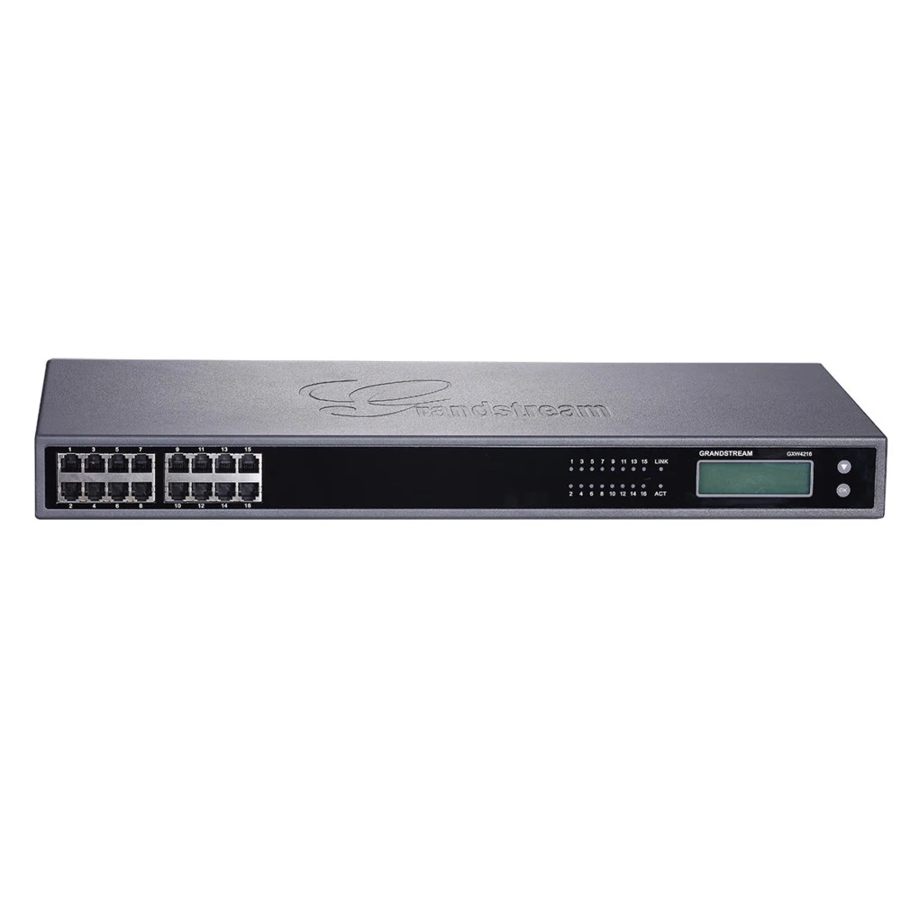 Grandstream GXW4216, имеет 16 портов FXS, LED индикаторы на каждый порт, гигабитный Ethernet порт, графический дисплей 128x32 пикселей с поддержкой множества языков, 50-пиновый Telco коннектор для п