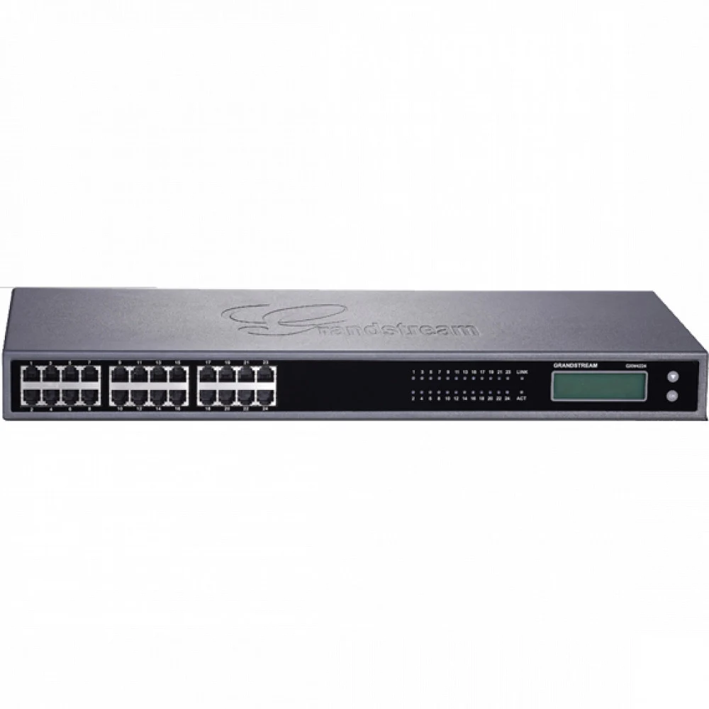 Grandstream GXW4224, имеет 24 портов FXS, LED индикаторы на каждый порт, гигабитный Ethernet порт, графический дисплей 128x32 пикселей с поддержкой множества языков, 50-пиновый Telco коннектор для п