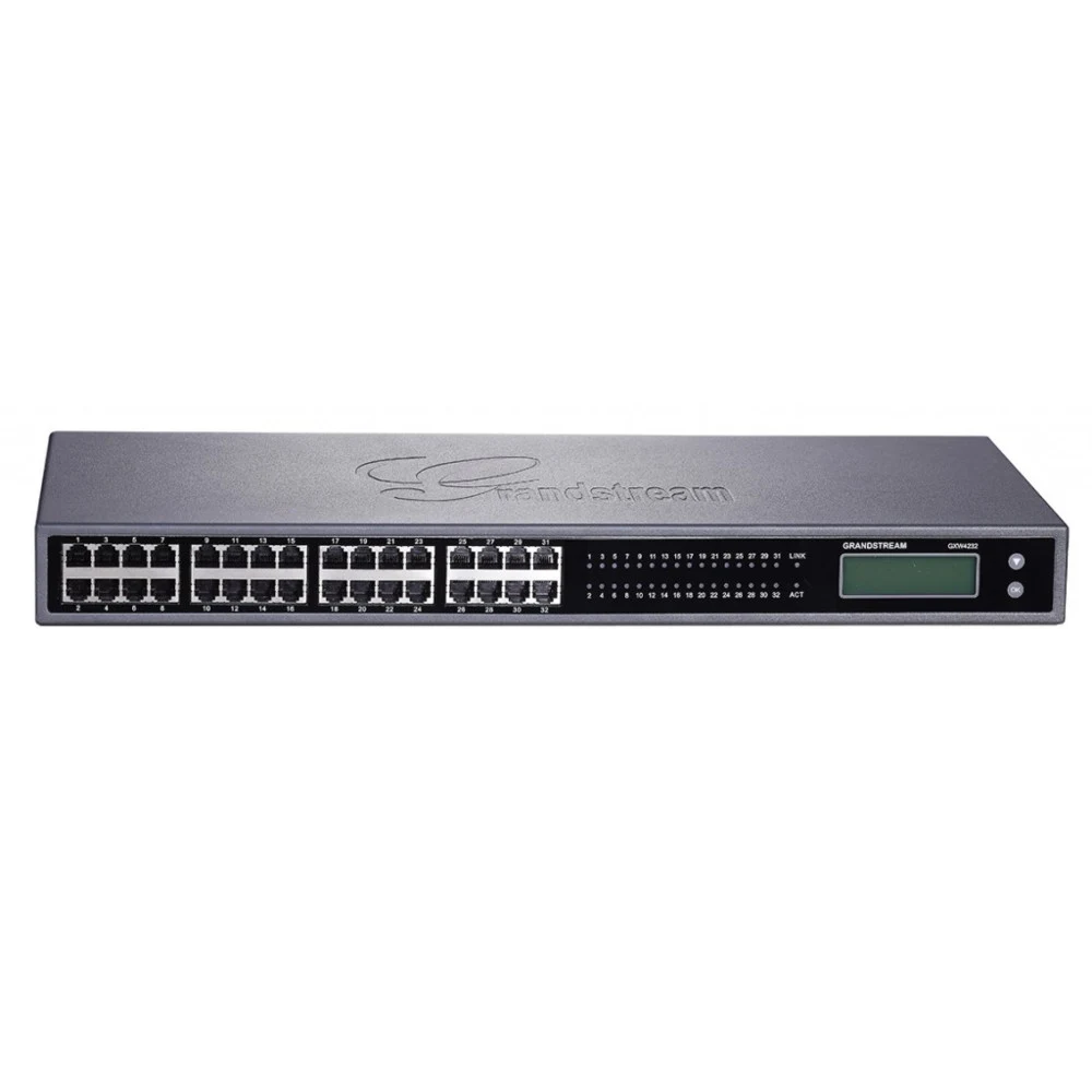 Grandstream GXW4232, имеет 32 портов FXS, LED индикаторы на каждый порт, гигабитный Ethernet порт, графический дисплей 128x32 пикселей с поддержкой множества языков, два 50-пиновых Telco коннектора