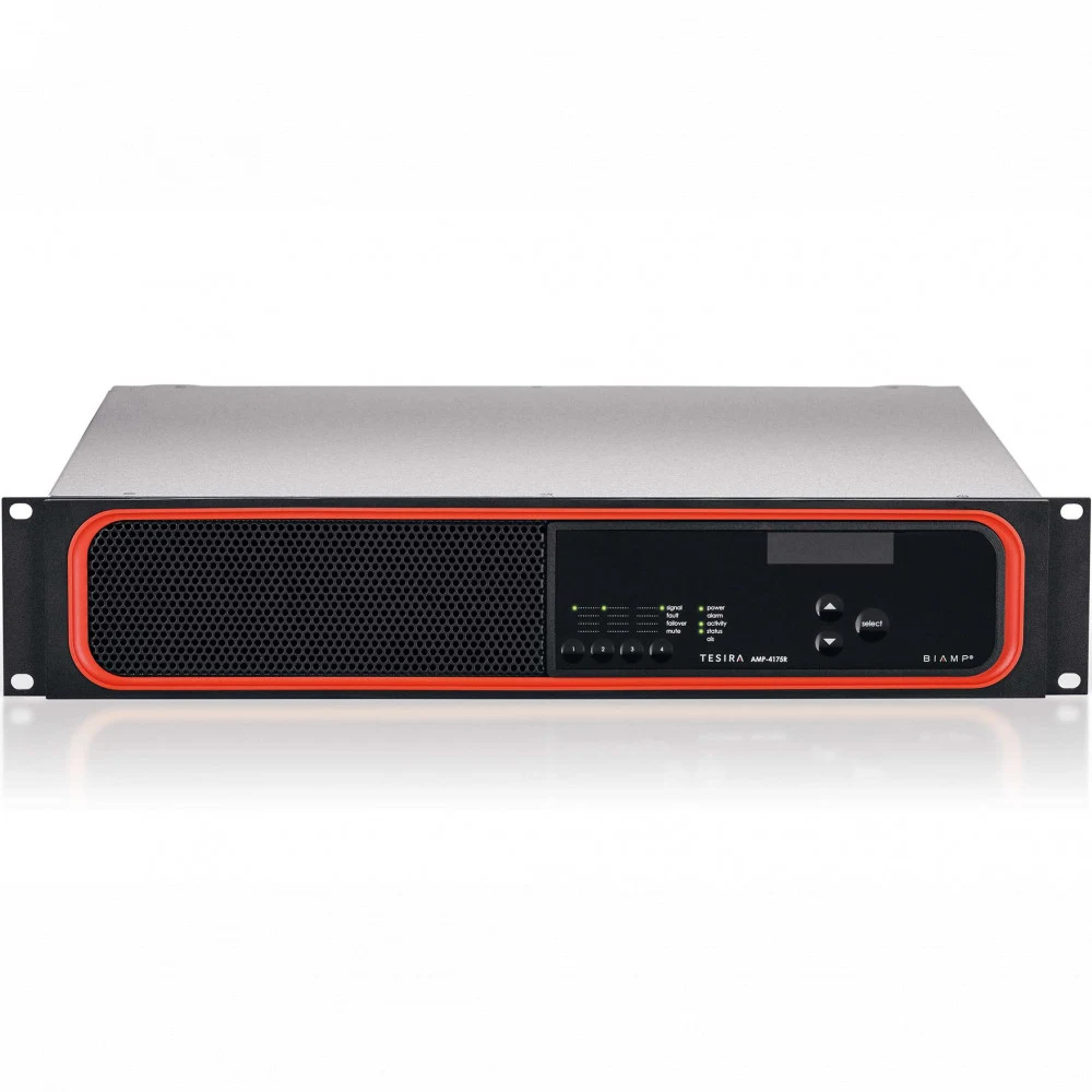 Усилитель Biamp [TesiraAMP-4175R] 4-канальный, цифровой сетевой: 4х175Вт (4Ом/8Ом). Bridge: 350Вт /8Ом. 3хRJ45 (Control/AVB/TSN). Вх.:4хEuroblock. Вых.:4хEuroblock. Слот для доп.карт (EOC-4, EIC-4,