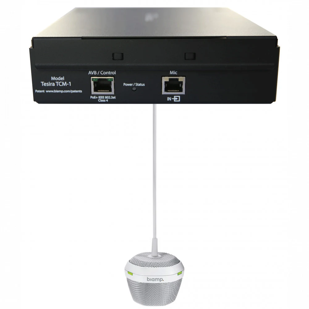 Микрофон BIAMP [Parle/TesiraTCM-1(White)] подвесной, технология Beamtracking(AVB) 3 зоны по 120° LED mute индикаторы 2хRJ45(доп.для подключения TCM-1EX к plenum box).2-pin 3.5 mm Phoenix.PoE.Макс.ра