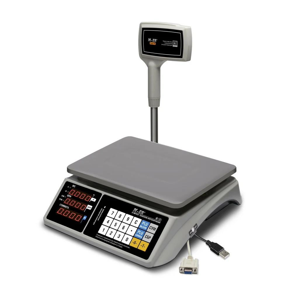 Торговые настольные весы M-ER 328 ACPX-6.1 "TOUCH-M" LED RS232 и USB "Интерфейс: RS232 и USB Индикация: Светодиодный Габариты: 350х390х590 мм Платформа: 325x230 мм Питание: адаптер+аккумулятор Макси