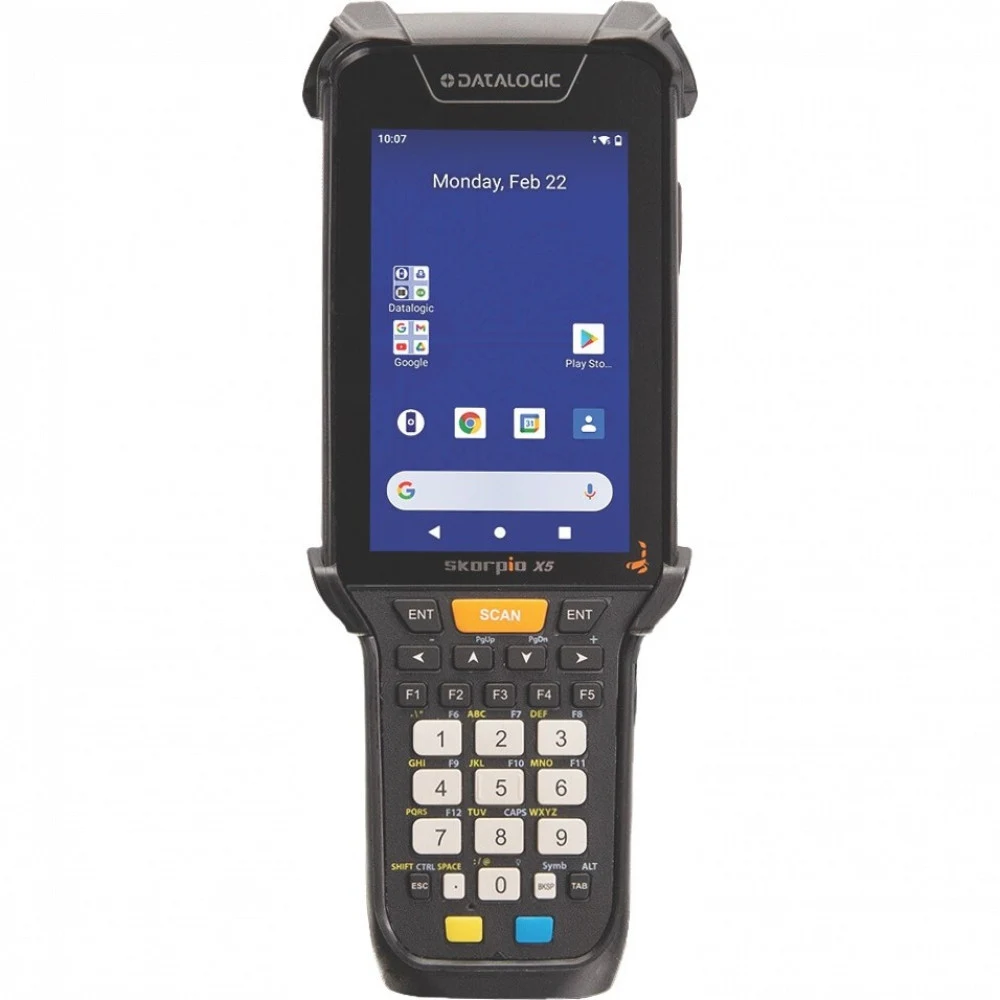 Skorpio X5 Pistol Grip, 802.11 a/b/g/n/ac, 4.3" display, BT V5, 4GB RAM/64GB Flash, 28-Key Numeric, 2D Imager SR w Green Spot, Android 10, with Extended Battery