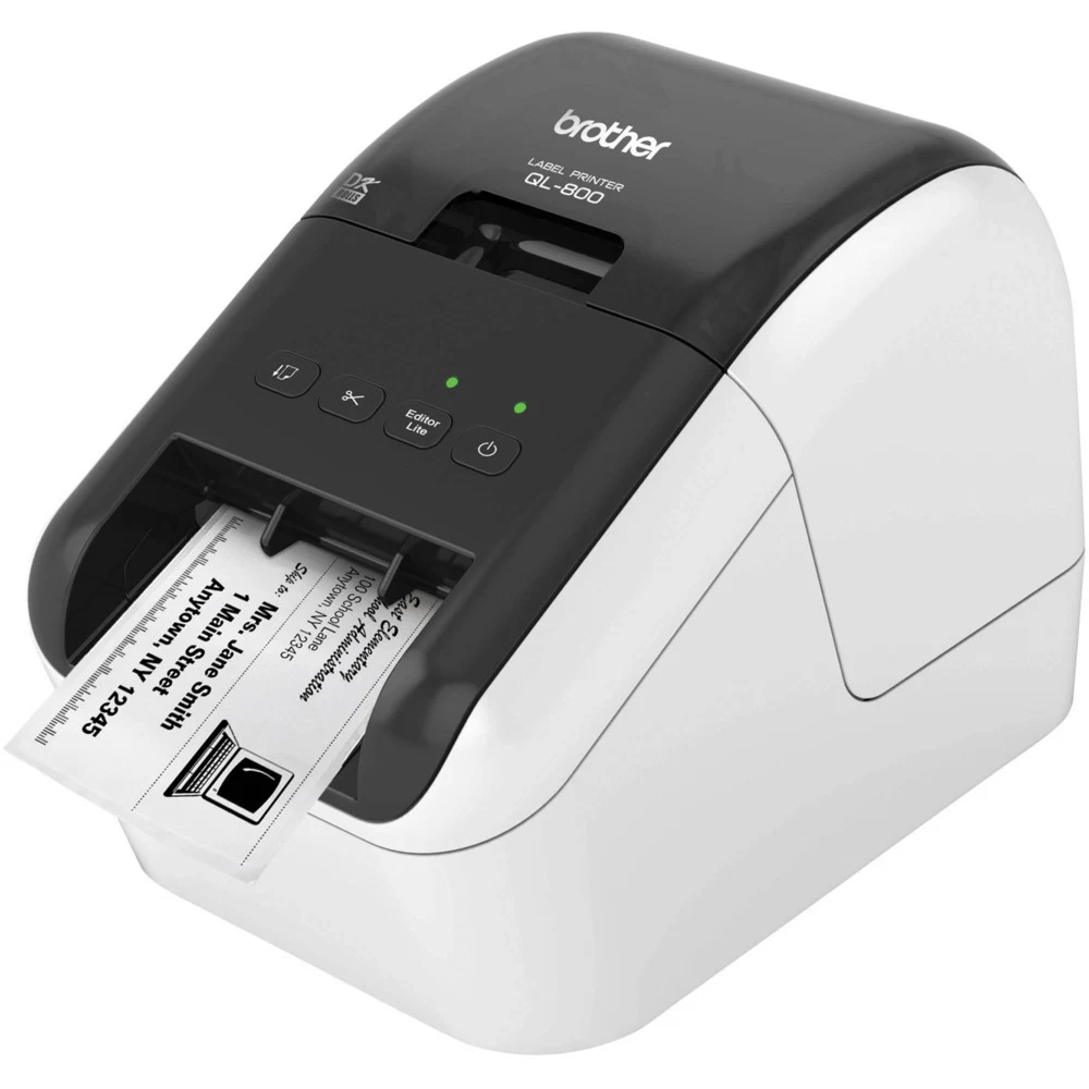 Принтер для этикеток Brother QL-800 с USB для ПК и Mac. Печать черного и красного текста. Печатает наклейки шириной до 62 мм.