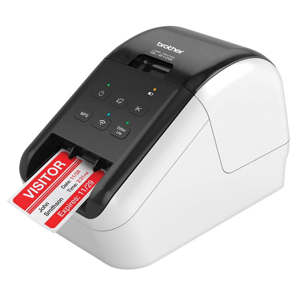 Принтер для этикеток Brother QL-810W с USB, Wi-Fi и AirPrint. Печать черного и красного текста. Печатает наклейки шириной до 62 мм с ПК, смартфона или планшета.