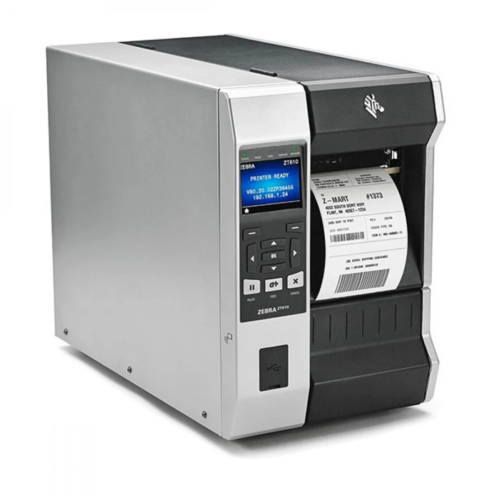 Zebra TT ZT610 4", 203 dpi, Euro and UK cord, Serial, USB, Gigabit Ethernet, Bluetooth 4.0, USB Host, Rewind, Color Touch, ZPL