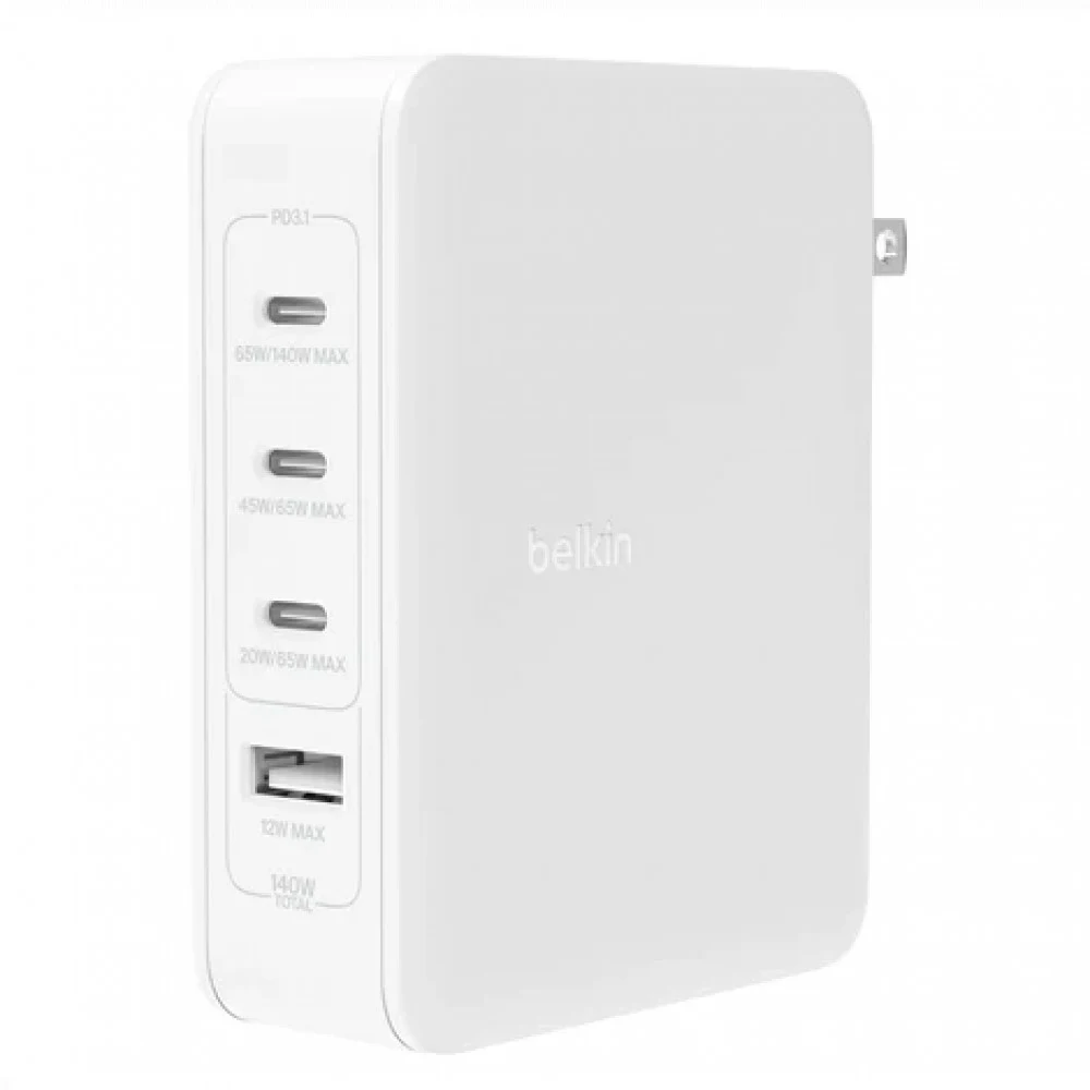140w 4-ports USB GaN Wall Charger with UK, EU, US plug tips, White