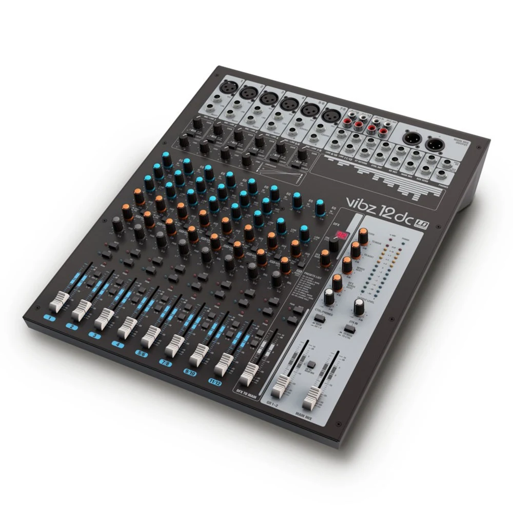 LD SYSTEMS Микшер LDVIBZ12DC, Микшерный пульт на 12 каналов. Секция цифровых эффектов с 100 предустановками. 6 микрофонных каналов, 4 линейных стерео входа, эффективный 3-полосный контроль тона, 2 с