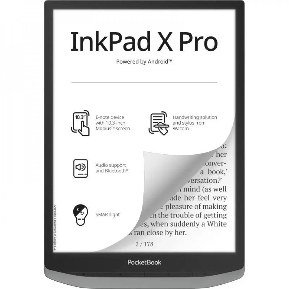 Дисплей 10.3" E Ink®Carta™ Mobius Android 8.1 Мультисенсор WiFi Bluetooth 1404×1872 Оперативная память 2 Gb Флэш-память 32Gb Подсветка- Да Батарея Li-Ion, 3200 мАч USB Type-С Габариты 249×173.4×7.7