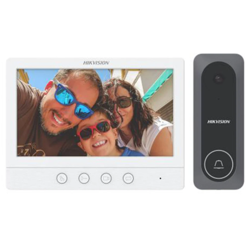 Домофонная система, Hikvision, DS-KIS212, Комплект видеодомофонии ,1mp HD камера, ИК до 3 м, встроеный микрофон и динамик, вызывная:от-30 °C до 60 °C, Монитор: от -10 °C до 55 °C, IP65, 12V DC