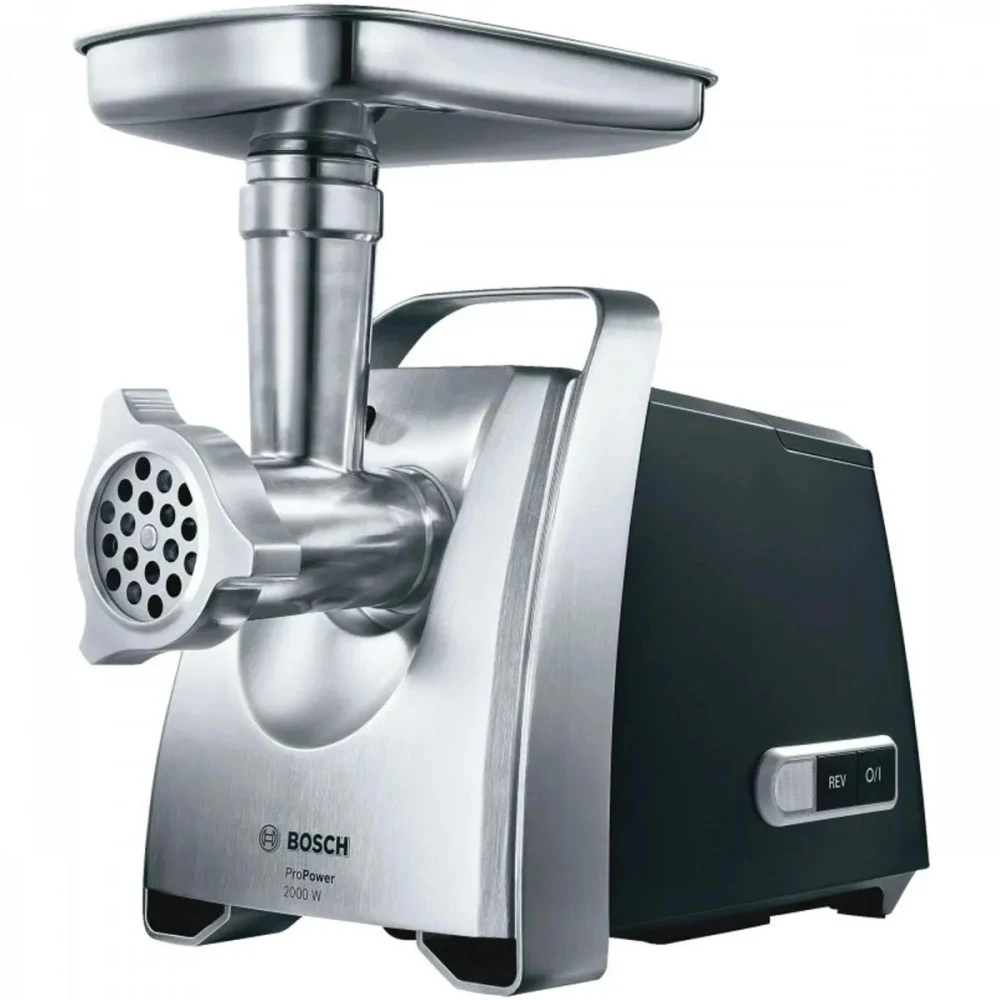 Мясорубка BOSCH/ РОЗНИЧНЫЙ ЭКСКЛЮЗИВ!! 800/2200Вт, 4.3 кг/мин., черный/метал фронт, реверс, отсек для хран., 3 диска, кебаб, колбас
