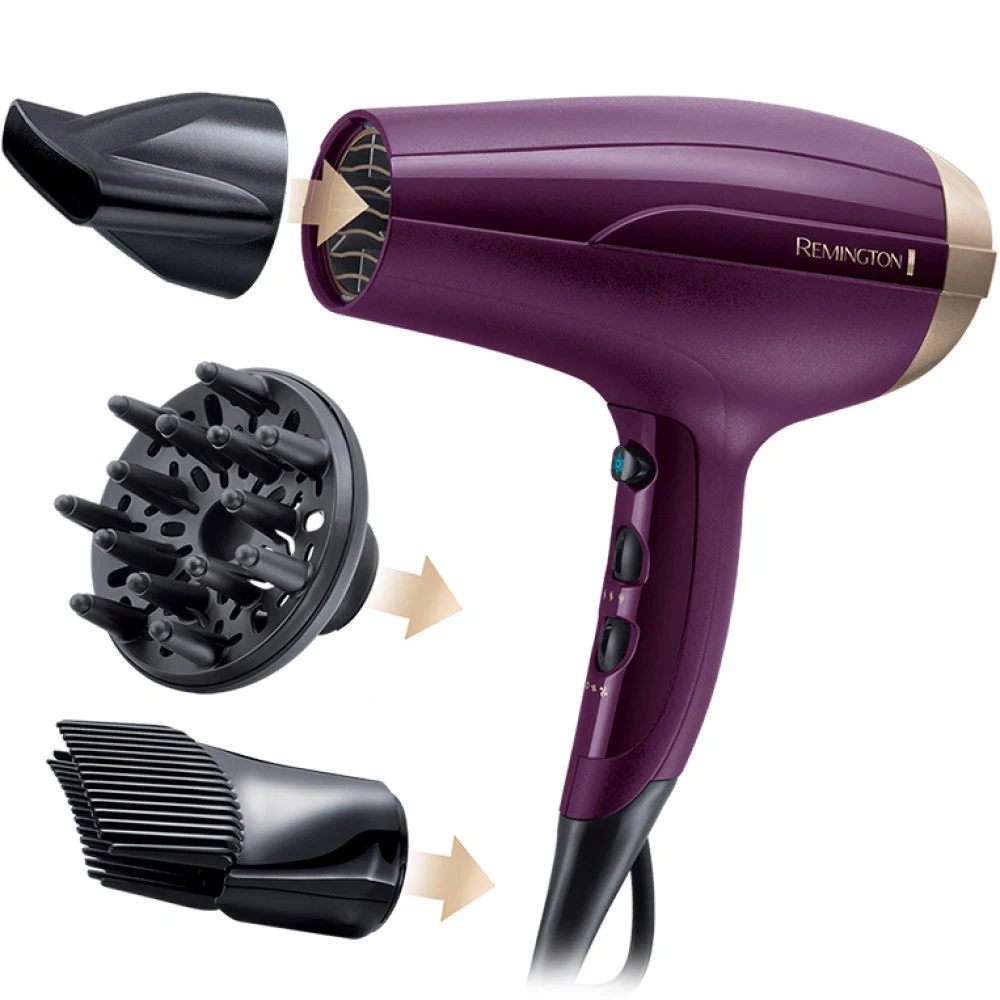 Фен, Remington, D5219, Полноразмерный, Мощность 2300W, Тип двигателя DC мотор, 2 скоростных режима, 3 температурных режима, Скорость подачи воздуха 85 км/ч, Длина шнура электропитания 180см, 3 насад