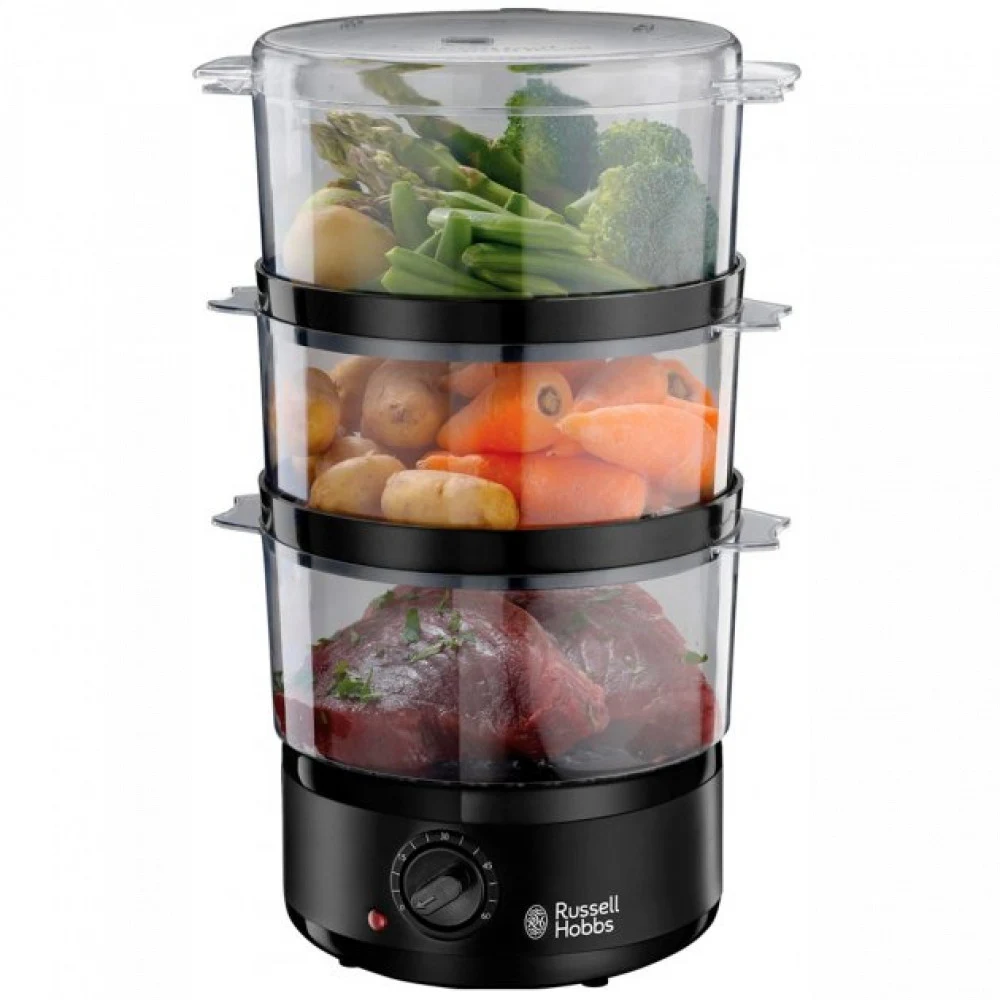 Пароварка, Russell Hobbs, 26530-56, Мощность 400W, Механический тип управления, 3 яруса, Общий объем 7L, Материал корпуса чаши металл и пластик, Черный