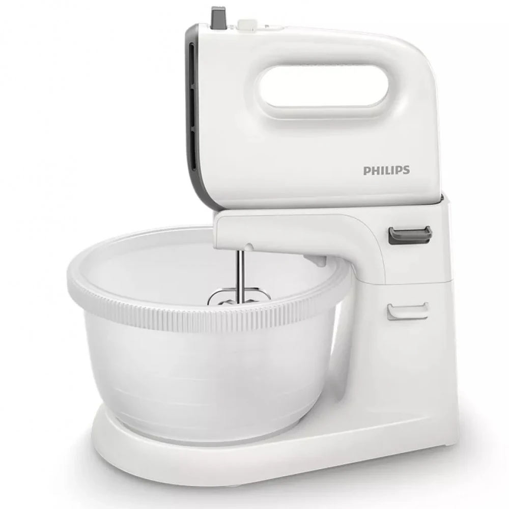 Миксер Philips/ 450 Вт, 5 скоростей + турбо режим, вращающаяся чаша, 3 л, венчики для взбивания, крюки для теста, белый/серый
