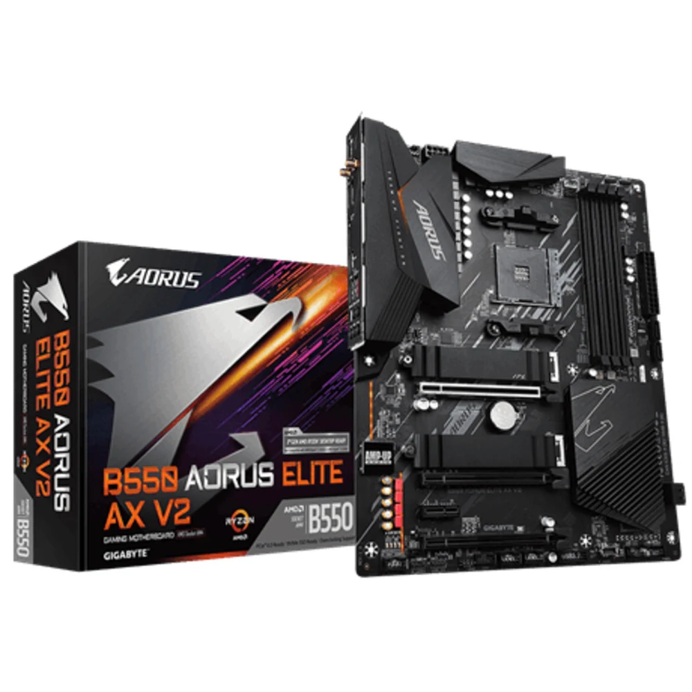 Материнская плата Gigabyte B550 AORUS ELITE AX V2, Socket AM4, AMD B550, 4xDDR4-3200, HDMI+DP, 3xPCI-Ex16, 1xPCI-Ex1, 4xSATA3(RAID 0/1/10), 2xM.2, 8 Ch Audio, 2.5GLan, WiFi, (2+4)xUSB2.0, (5+2)xUSB3