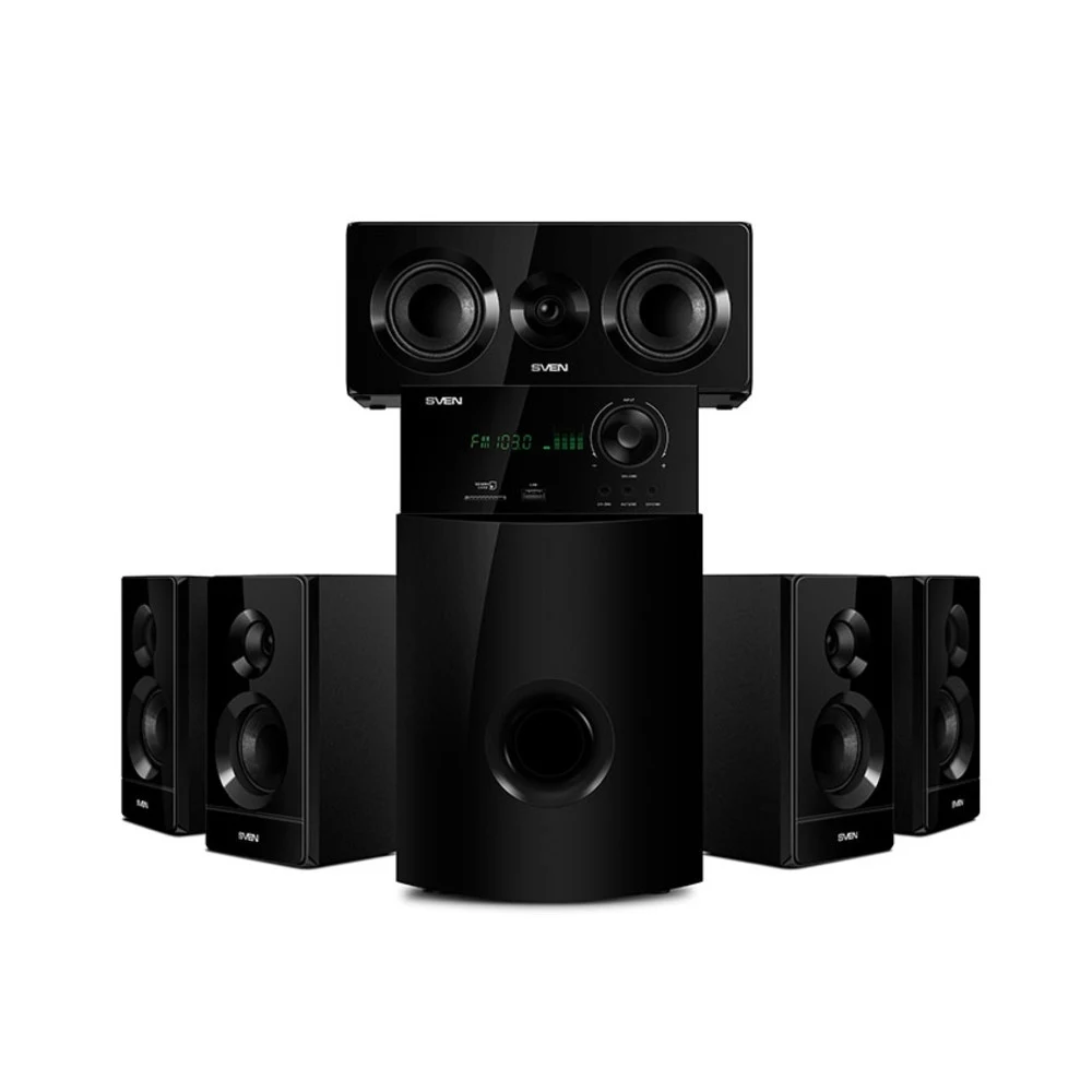 SVEN HT-210, чёрный, акустическая система 5.1, мощность (RMS):50Вт+5x15Вт, Bluetooth, Optical, Coaxial, FM-тюнер, USB/SD, дисплей, ПДУ