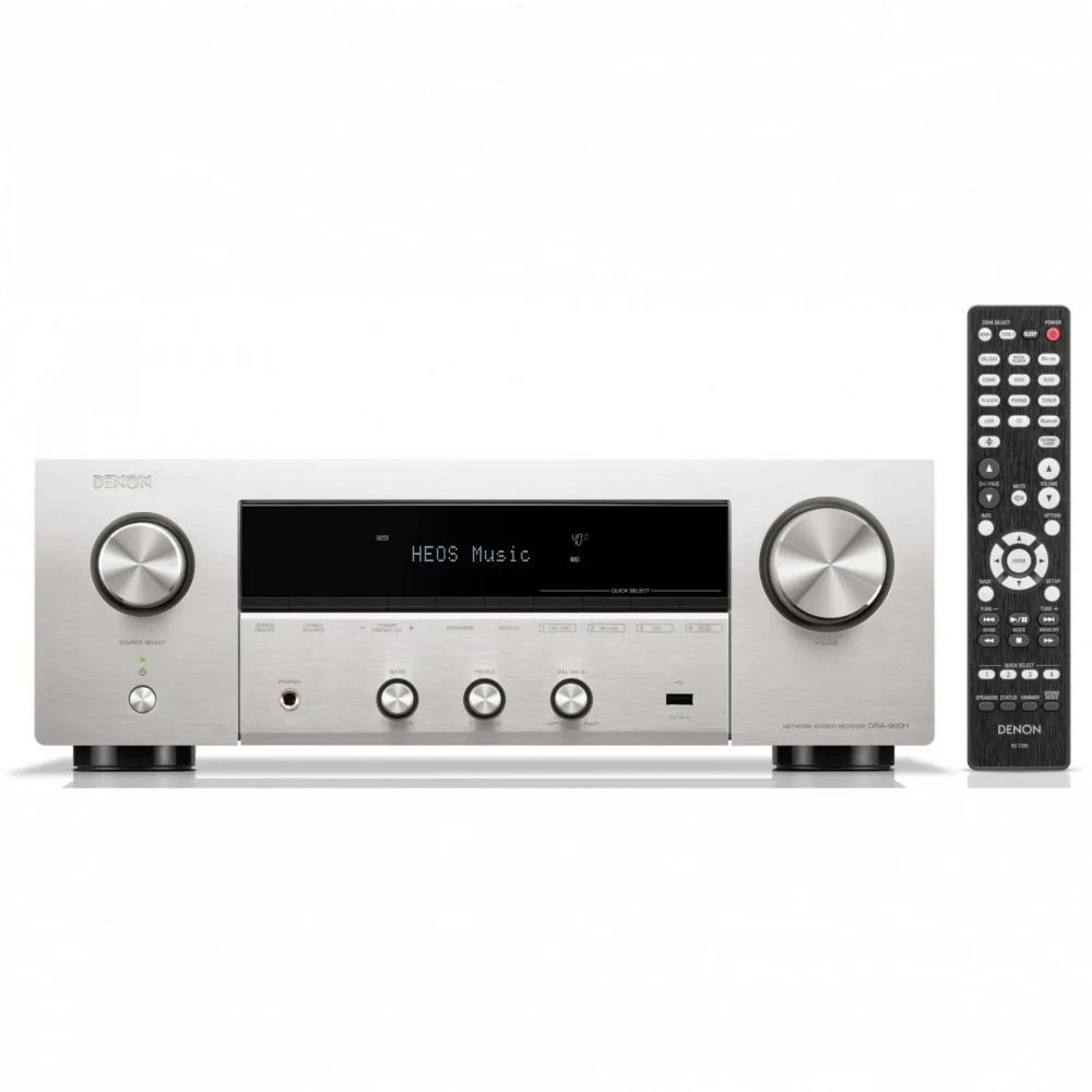 DENON Стерео ресивер DRA900H СЕРЕБРО Стереоресивер 2.2 с поддержкой 8K Ultra HD и встроенным ММ-фонокорректором, мощность 2 х 100 Вт (8 Ом), 6 входов и 1 выходов HDMI, мультирум HEOS, AirPlay 2, габ