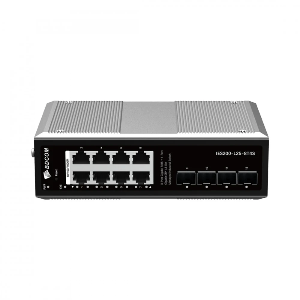 Коммутатор, BDCOM, IES200-L25-8T4S, Управляемый L3-lite, 8 портов 10/100/1000 RJ45, 4 порта SFP, DC 12-55В Dual RPS, вход DC12V, -40+75°C, DIN-rail