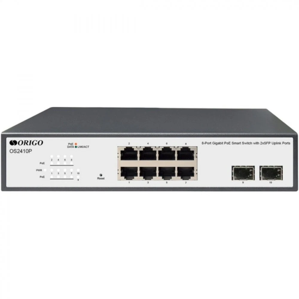 Коммутатор ORIGO Настраиваемый L2 PoE-коммутатор 8x1000Base-T PoE, 2x1000Base-X SFP, PoE-бюджет 120 Вт, комплект для установки в 19" стойку