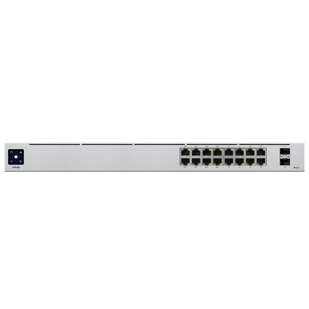 Ubiquiti USW-16-PoE 16-port Layer 2 PoE switch, 8 x GbE PoE+, 8 x GbE ports, 2 x 1G SFP ports, 42W total PoE Power, fanless, silent cooling, ESD/EMP protection, 1.3" touchscreen LCM display, Rackmou