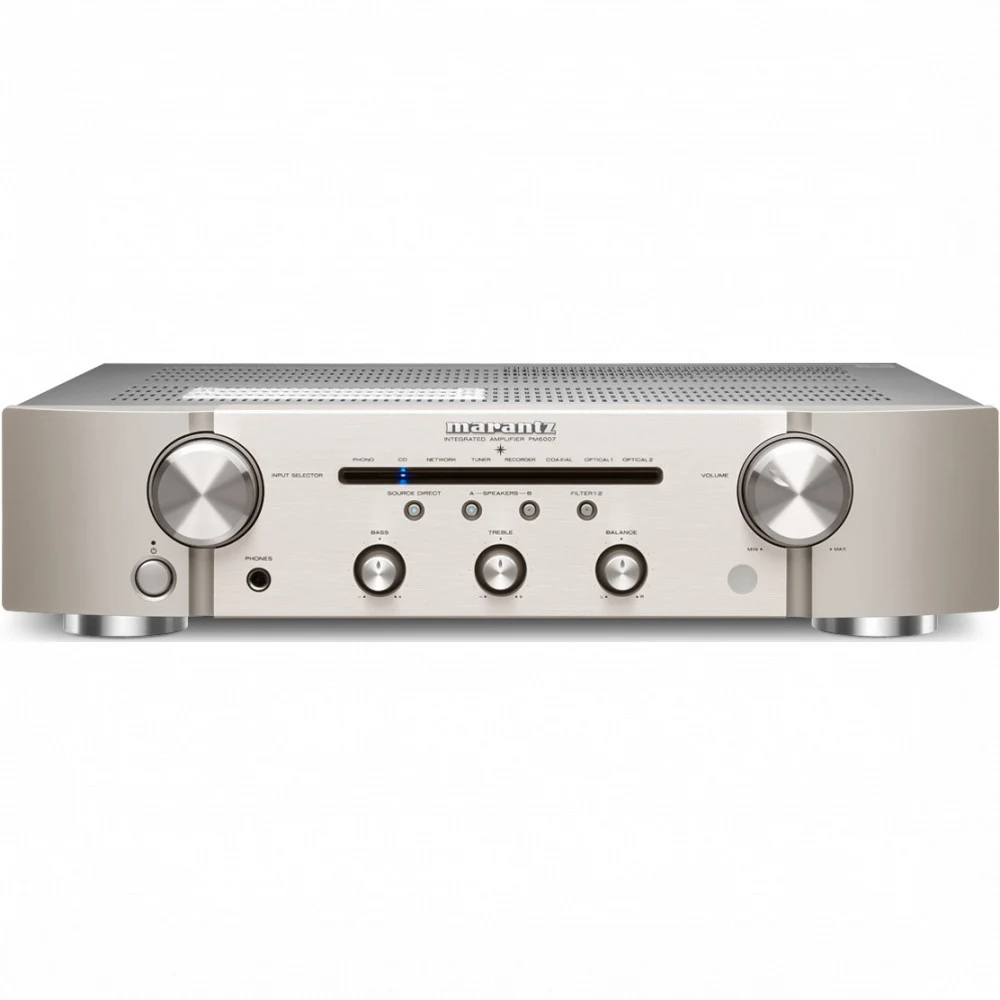 MARANTZ Усилитель PM6007 СЕРЕБРО, Интегральный усилитель с цифровыми входами и ММ-фокорректором, мощность 2 х 45 Вт (8 Ом), класс AB, входы: 4 RCA, MM-фонокорректор, коаксиальный, 2 оптических, габа