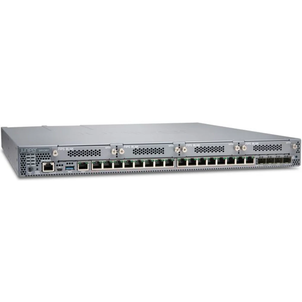 SRX380-P-SYS-JB-AC Маршрутизатор SRX380 Services Gateway includes hardware (16GE POE+, 4x10GE SFP+, 4x MPIM slots, 4G RAM, 100GB SSD, Single AC power supply, cable and RMK) and Junos Software Base (