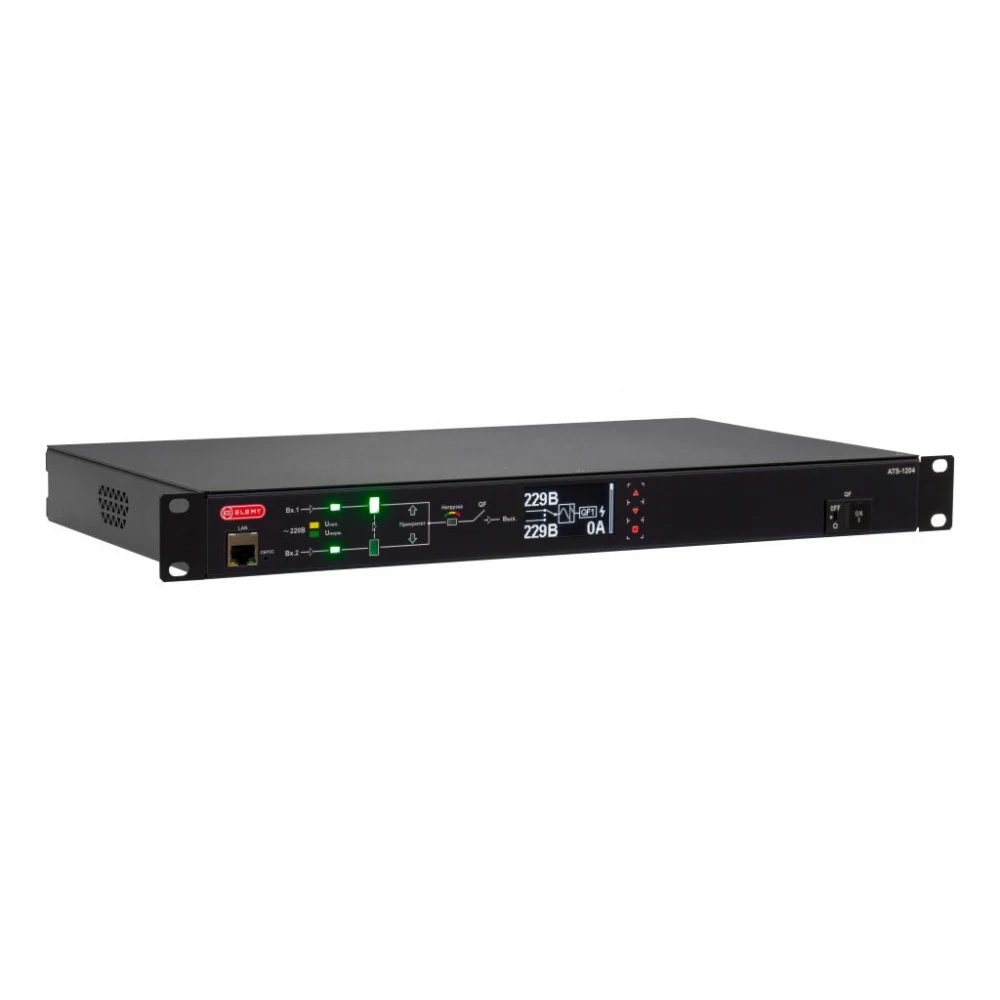 ELEMY ATS, 1U, 220B, 32A, Индикация: OLED-дисплей, Мониторинг: WEB, SNMP, Modbus-TCP, Вход (2) IEC309 кабель 2.4м, Выход (2) C19 (9) C13