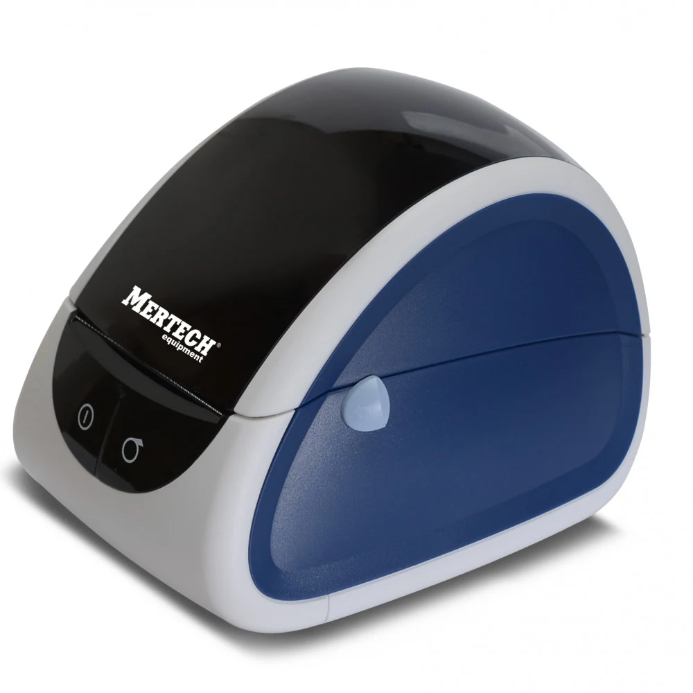 Термопринтер самоклеящихся этикеток MERTECH LP58 EVA RS232-USB White & blue Ширина печати: до 56 мм Разрешение печати: 203 DPI Скорость печати: 100 мм/сек Интерфейсы: RS232 и USB Цвет: Бело-Синий