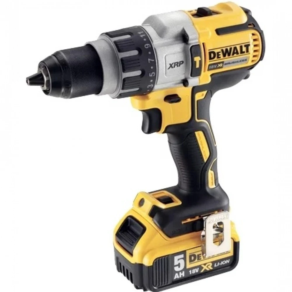 Дрель-шуруповерт DeWALT DCD996P2 аккумуляторная ударная /18 В/95 Нм/до 2250 об. в мин/8650-38250 уд.в мин/ 2 АКБ 5Ач + ЗУ/быстрозажимной/реверс/подсветка/бесщеточный/кейс/желтый (DCD996P2-QW)