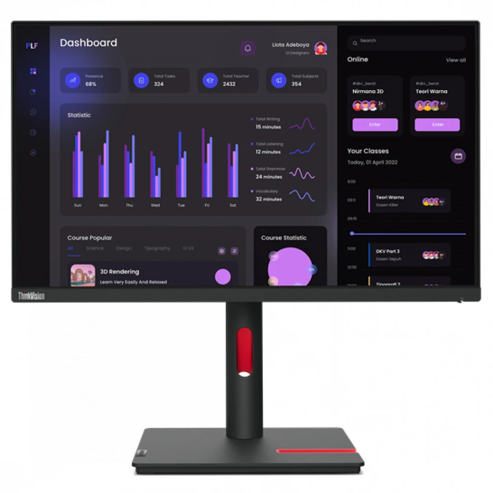 Монитор Lenovo ThinkVision T24i-30 24 inch FHD Monitor with Eyesafe (IPS Panel, 60Hz, 4ms, HDMI, VGA, DP, Phone Holder) - Tilt/Swivel/Lift/Pivot Stand