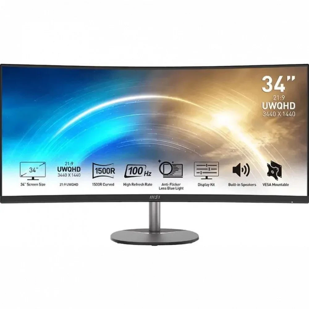 Монитор MSI PRO MP341CQ 34" 21:9 UWQHD(3440x1440) VA Curve1500R, 1ms(MPRT), 3000:1,100M:1,300nit,178/178,2xHDMI 2.0,DP 1.2,Tilt,Speaker,VESA,100Hz,Black,1y w-ty