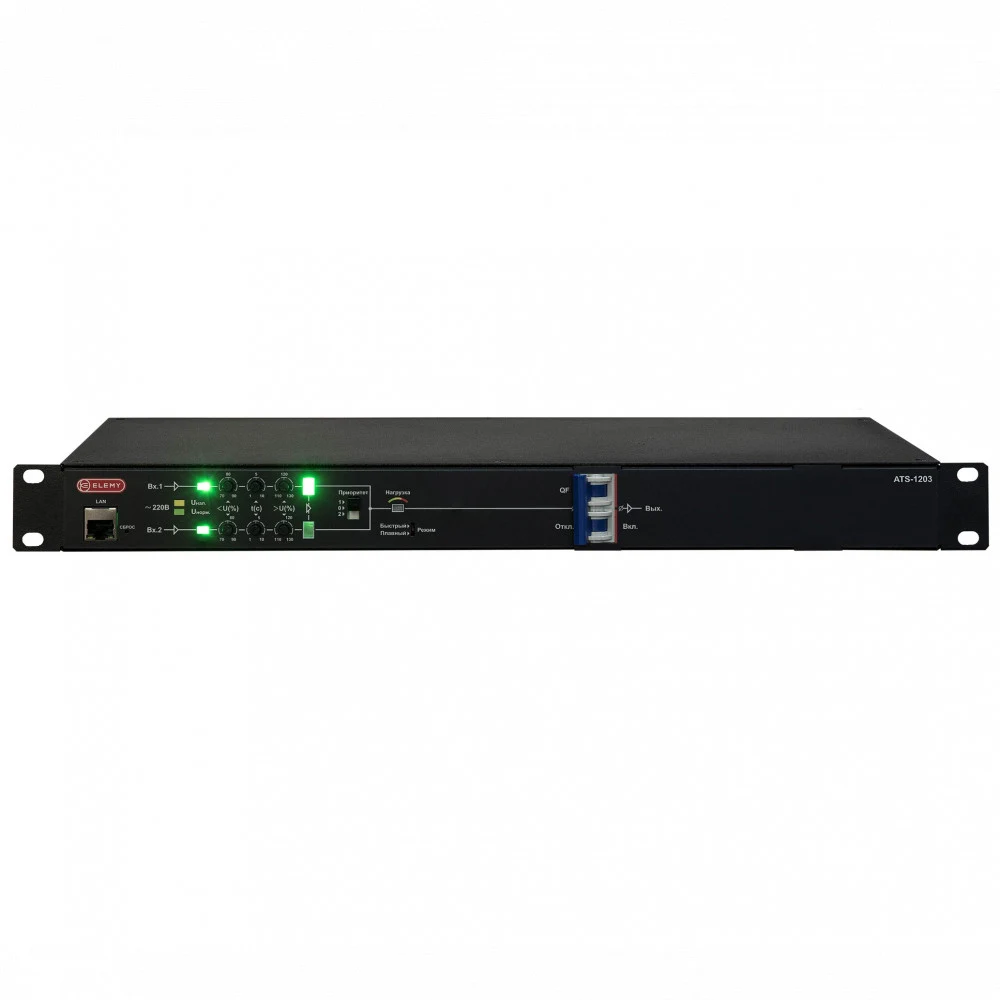 Автомат ввода резерва ELEMY ATS, 1U, 220B, 16A, Индикация: LED, Мониторинг: WEB, SNMP, Modbus-TCP Дискретные выходы, Вход (2) C20, Выход (1) C19 (6) C13