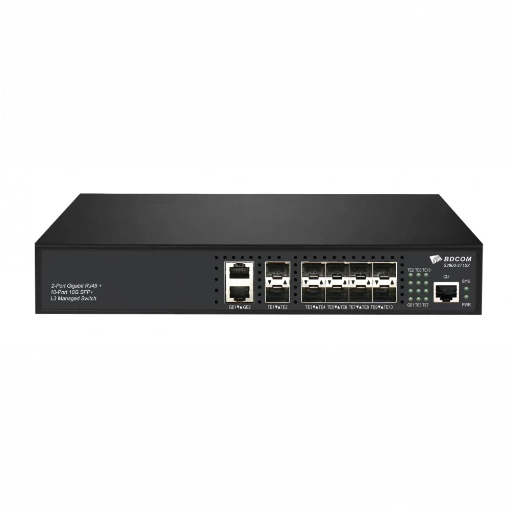 Коммутатор, BDCOM, S2900-2T10X, Управляемый L3-lite, 2 порта 10/100/1000М RJ45, 10 портов SFP+, 1U
