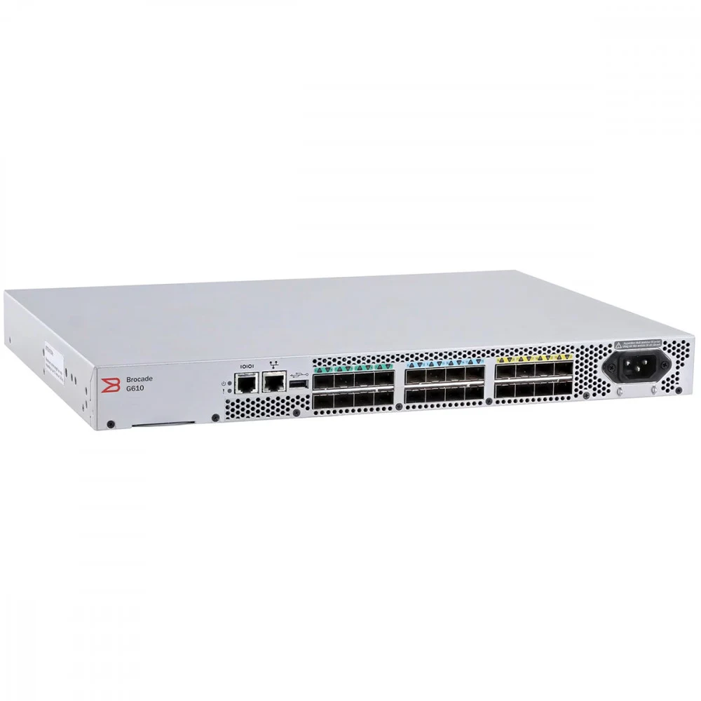 Коммутатор Brocade G610 24-port FC Switch, 24-port licensed, incl 24x 16Gb SWL SFP+, Enterprise SW Bundle (ISL Trunking, Fabric Vision, Extended Fabric), FOS Notupgradable, 1 PS, БЕЗ РЕЛЬС, 1Y Warra