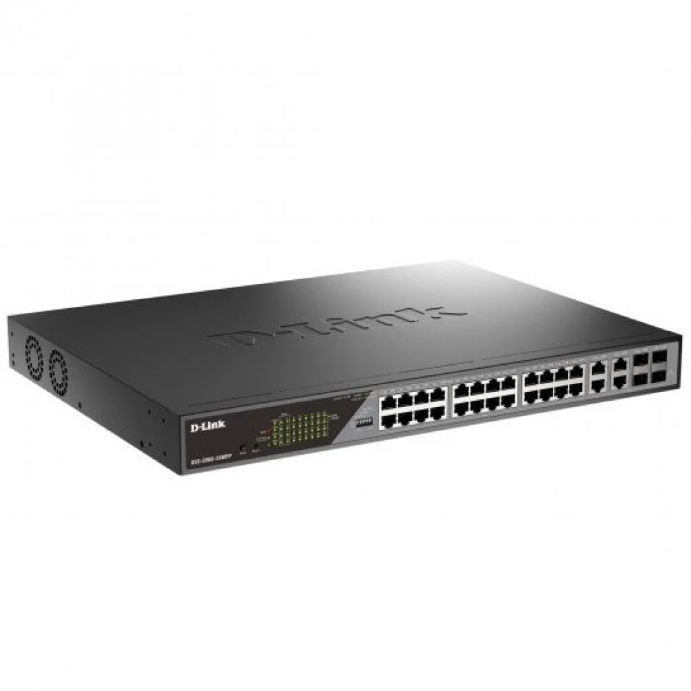 DSS-200G-28MPP/A1A Настраиваемый L2 коммутатор с 24 портами 10/100/1000Base-T и 4 комбо-портами 100/1000Base-T/SFP (порты 1-24 PoE 802.3af/at, порты 1-8 PoE 802.3bt, PoE-бюджет 518 Вт, дальность до