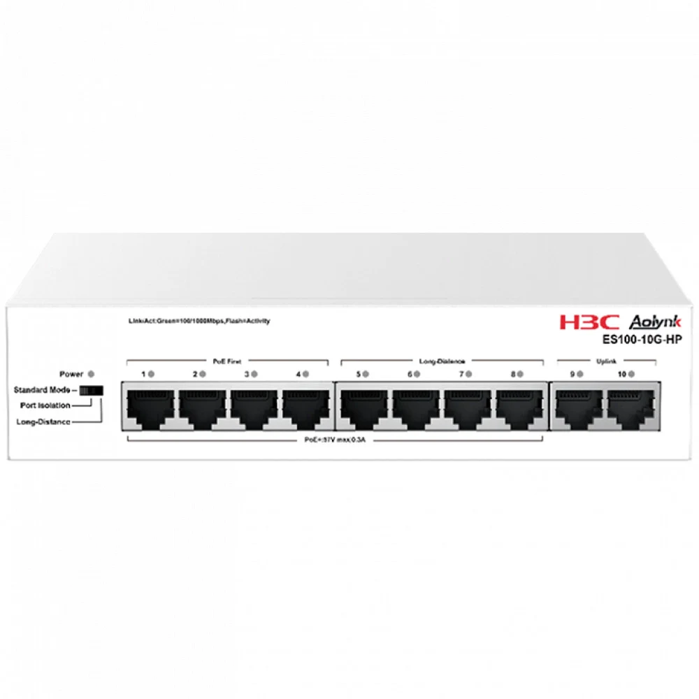 Коммутатор, H3C, Aolynk ES100-10G-HP, Неуправляемый, 2 uplink порта, 8 порта 10/100/1000Base RJ45 4 PoE+, DIP переключатель режимов, Настольный, 802.3af/at, бюджет 120W